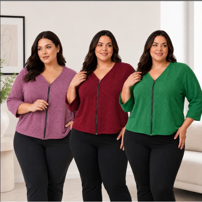 Casaquinho Feminino Plus Size Lãzinha  com Zíper Manga 3/4
