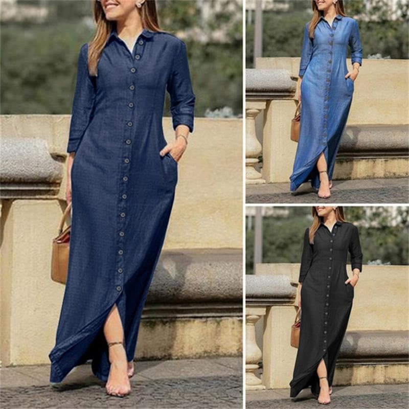 Vestido jeans longo com camisa de manga três quartos e bolsos - estilo Casual Evangelion