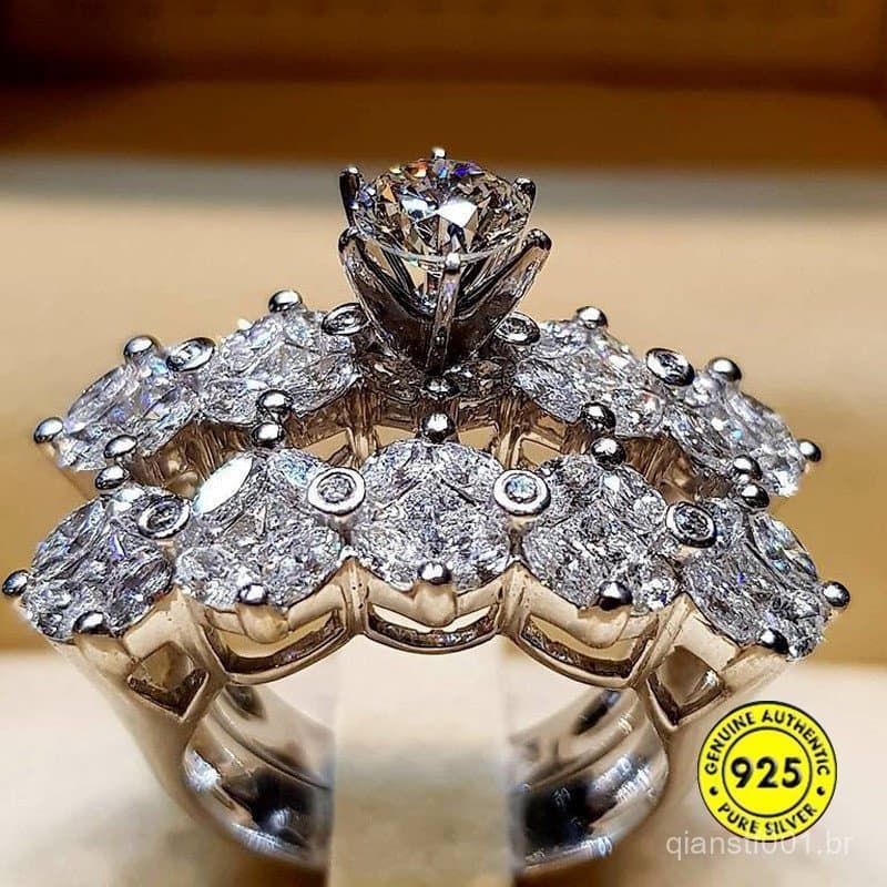 925 Conjunto De Anel De Prata Casamento Novo Para Mulheres