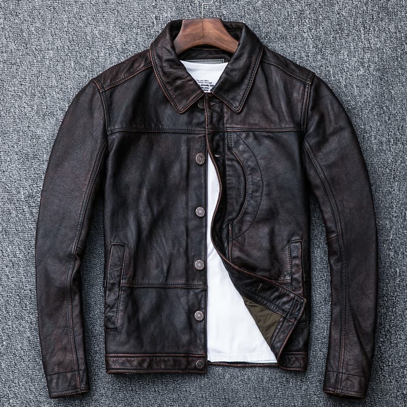 Ami Khaki Vermelho Marrom Primeira Camada Jaqueta De Couro Masculino Retro Lavado Angustiado Lapela Curta Jaqueta Jeans