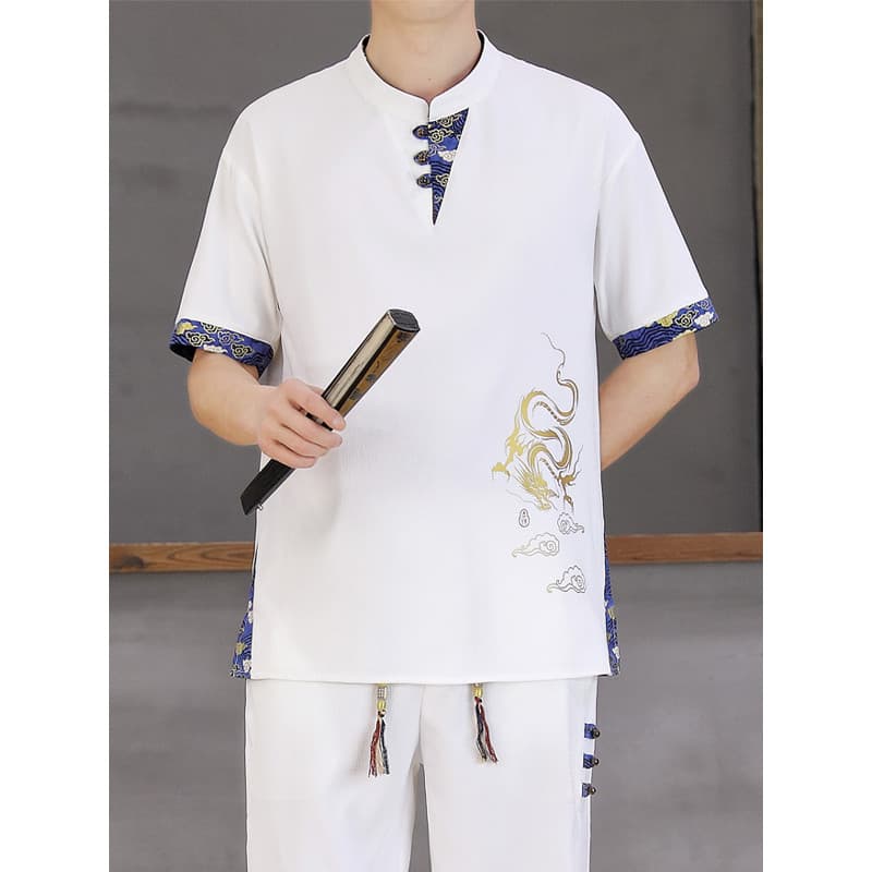 Estilo chinês verão de manga curta camiseta terno masculino seda gelo Retro Casual bordado Tang terno Hanfu combinando u