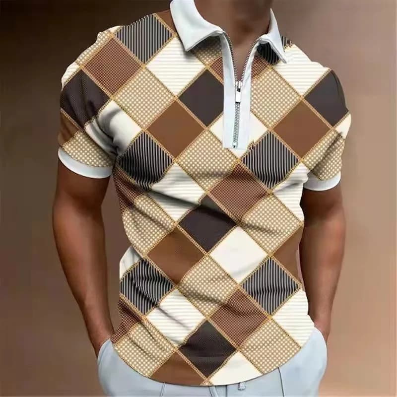 Camisas Polo Masculinas de Verão com Zíper, Estampa Digital Listrada e Xadrez, Manga Curta, Moda Casual Masculina