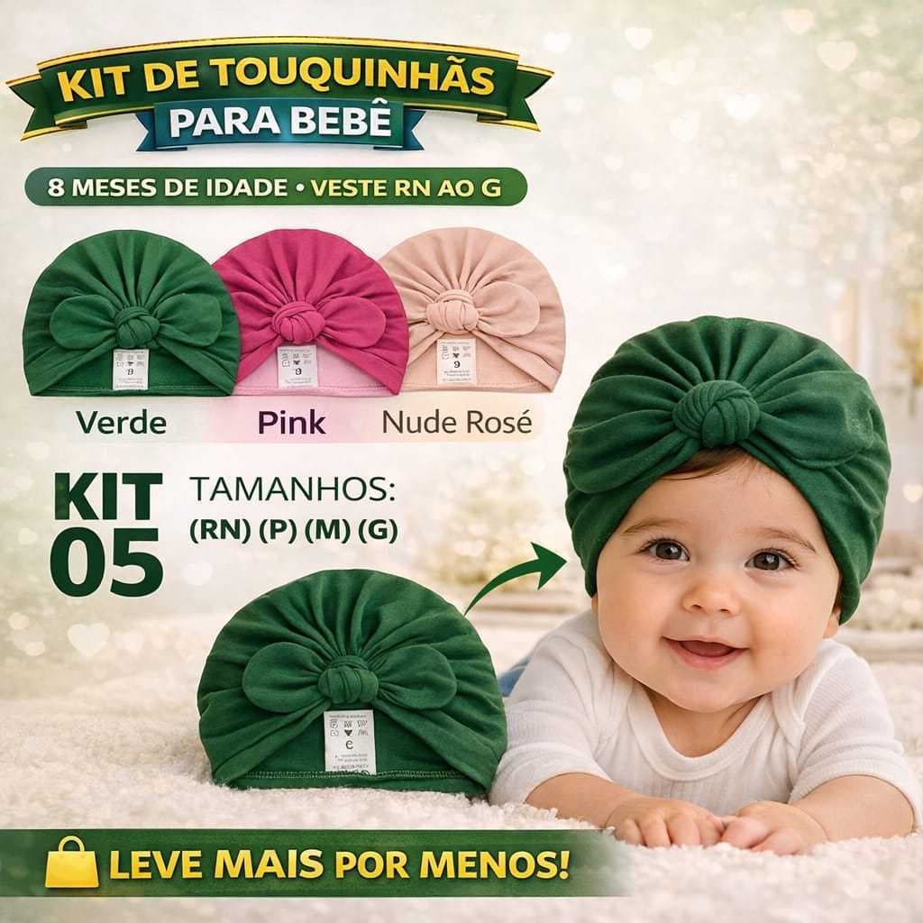 03 Toucas Turbante Bebê E Infantil Diversas Cores E Tamanhos, Verde, Pink, Nude Rosé