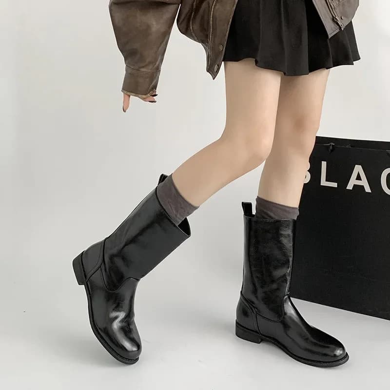 Botas Femininas de Cano Médio com Salto Grosso, Estilo Coreano 2026, Novidade, Populares, Casuais, Estilosas, Bico Redon