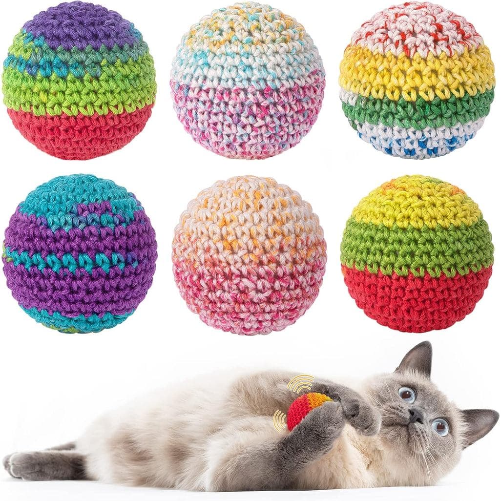 Retro Shaw - Conjunto de 6 Brinquedos para Gatos com Bolas e Sino Interno, Feitos à Mão em Crochê com Fio de Lã Macio, B