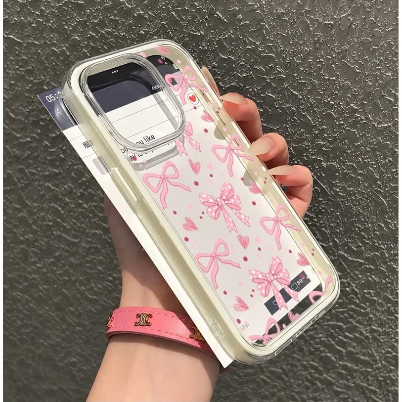 Bonito Rosa Coração Arco Transparente Capinha Moldura Colorida para iPhone 17 16 15 14 13 12 11 Pro Max Plus