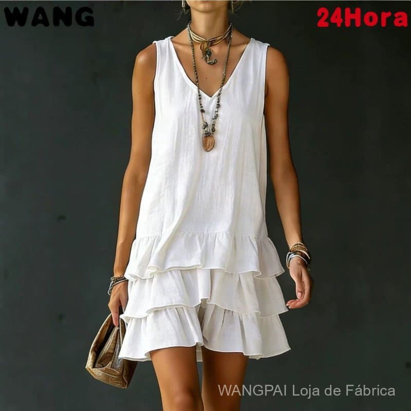 Vestido Feminino Solto Sem Mangas em Cor Sólida