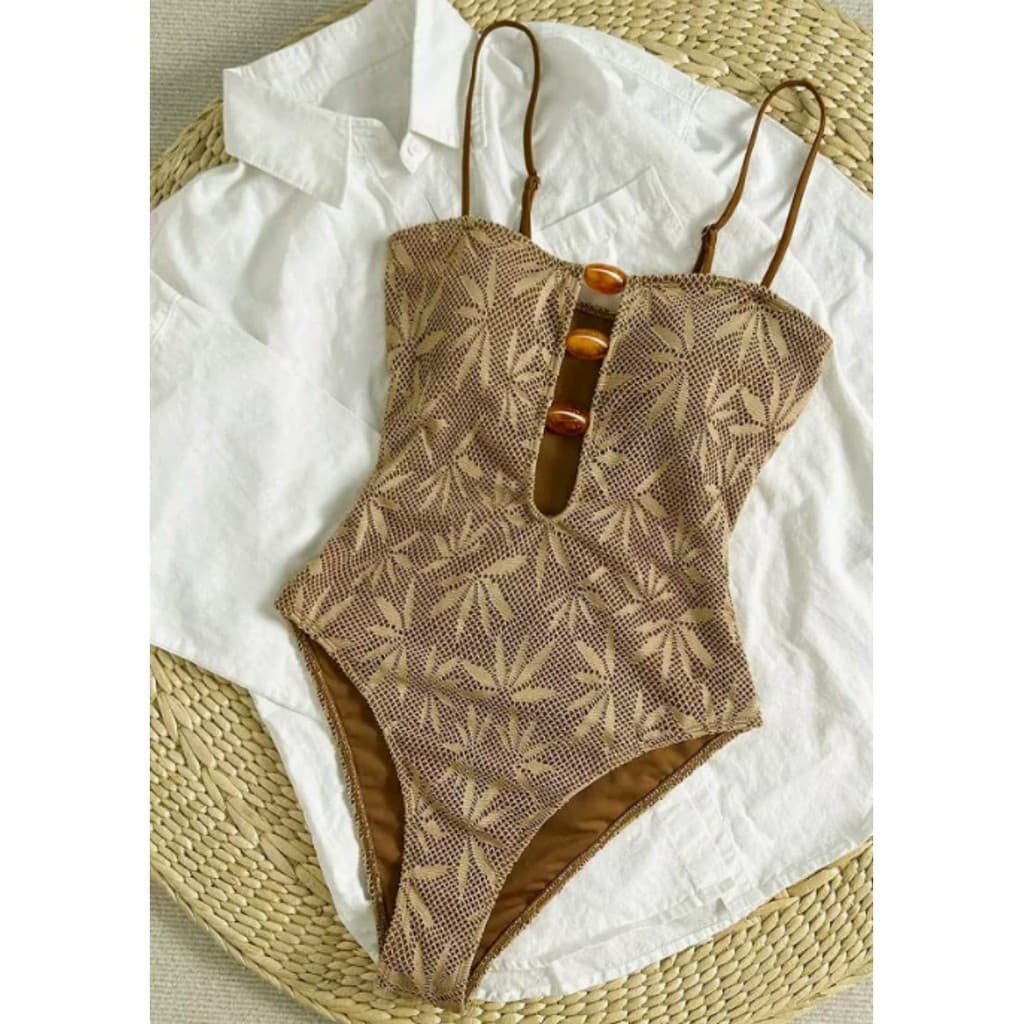 Maiô inteiro jacquard com padrão de folhas, modelo 2026, mais modelador, com design vazado e costas abertas, adequado pa