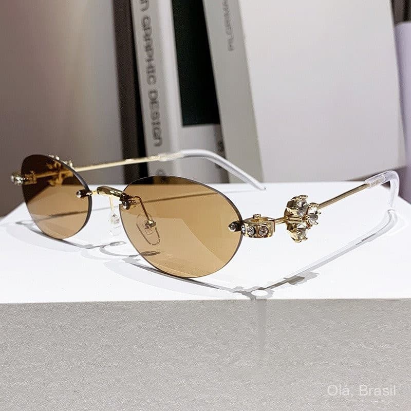 Armação de óculos oval de metal com estilo único e diamantes, armação de óculos sem aro com pérolas, rosa AQEF