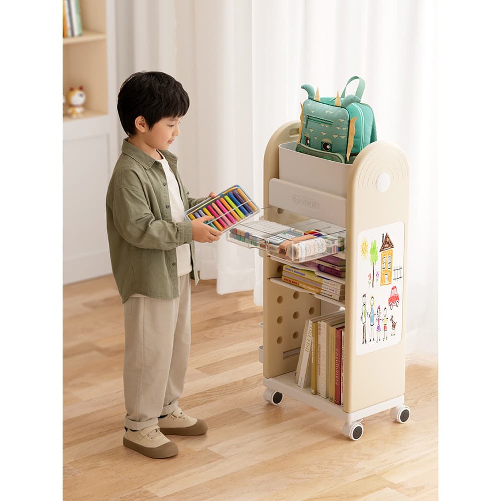 Arco beijo crianças estante rack de chão móvel Multi-camada livro mochila rack de armazenamento com rodas imagem estante