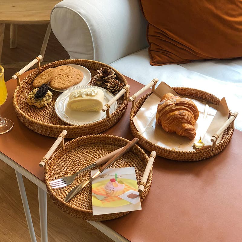 Criativo Binaural Rattan cesta de frutas tecido lanche placa cesta de frutas cesta de pão de piquenique bandeja ar