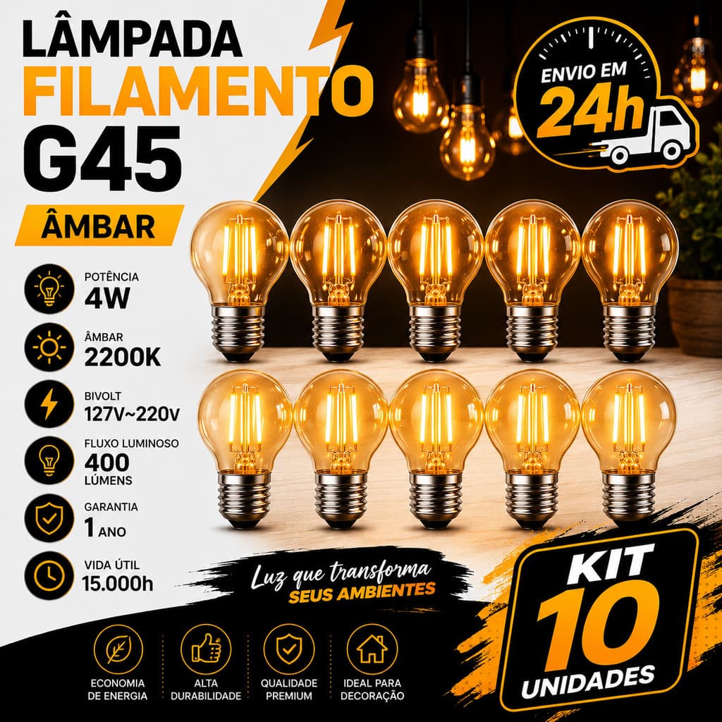 Kit 10 Lâmpadas Filamento Led G45 Vintage Retro  Ambar Para varal  Bivolt Vidro Traparente Decorativa Carbono