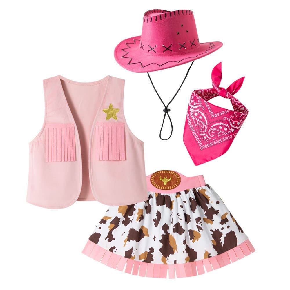 Fantasia de Cowgirl Ocidental para Meninas, Conjunto de Vestido Rosa e Colete, 4 Peças, para Festa e Apresentação L8BJ D