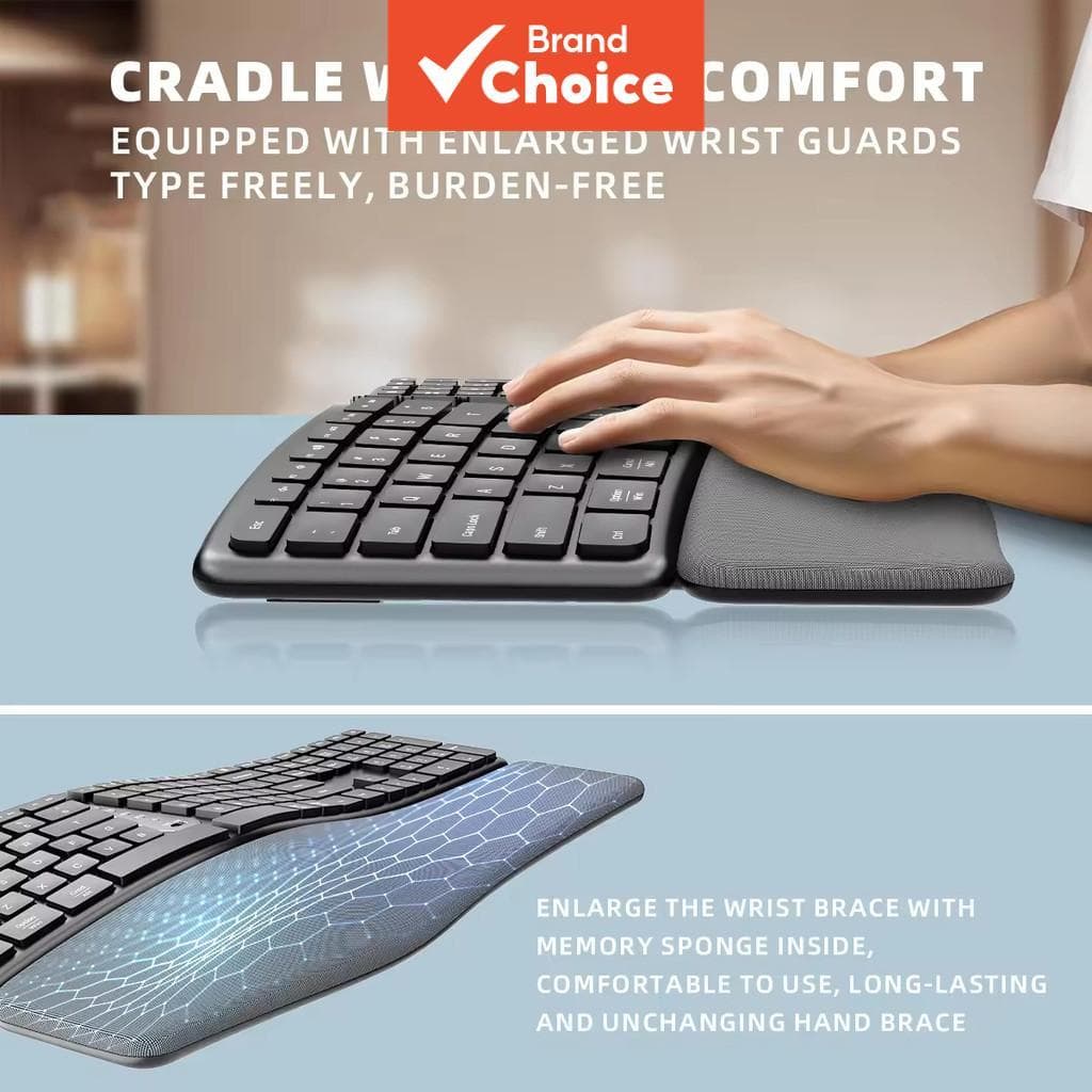 JOMAA Split Teclado Ergonômico Bluetooth Sem Fio 2.4G USB Recarregável Multi-Dispositivo Amortecido Pulso Palma Descanso
