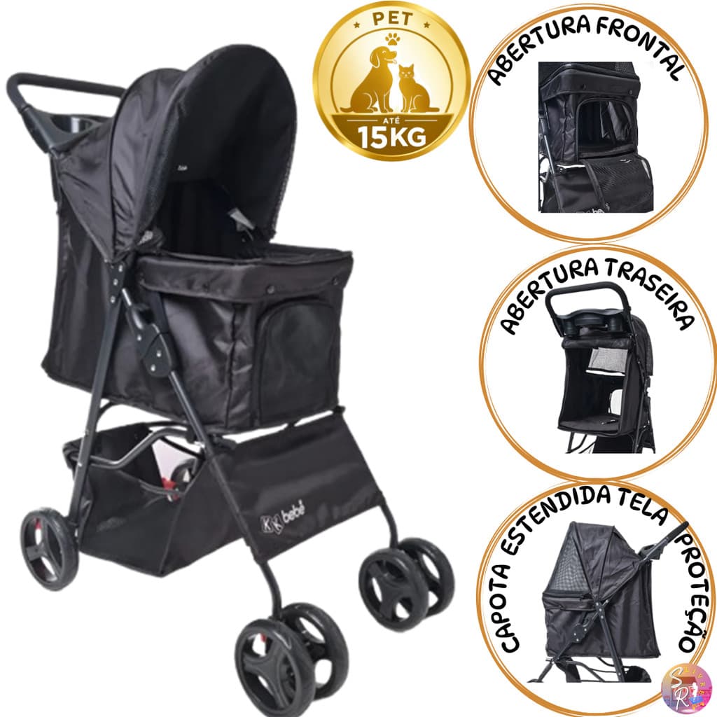 Carrinho Pet Até 15kg c/ 3 saídas e Telas Respiráveis (também p/ Idosos, Filhotes e Recuperação)