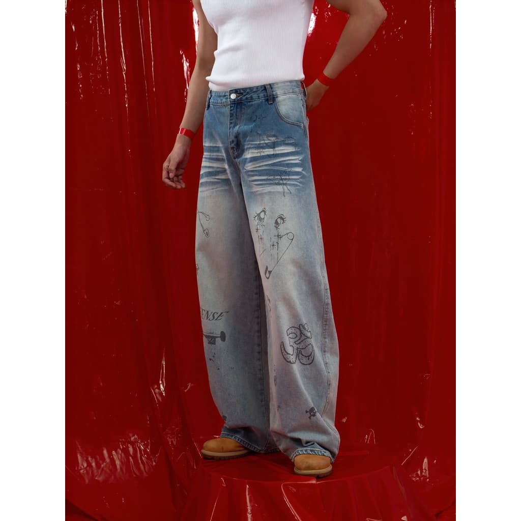 CLP Azul Cartoon Graffiti Impresso Jeans Masculino Solto Reto Retro Lavado Gradiente Casual Calças de Rua