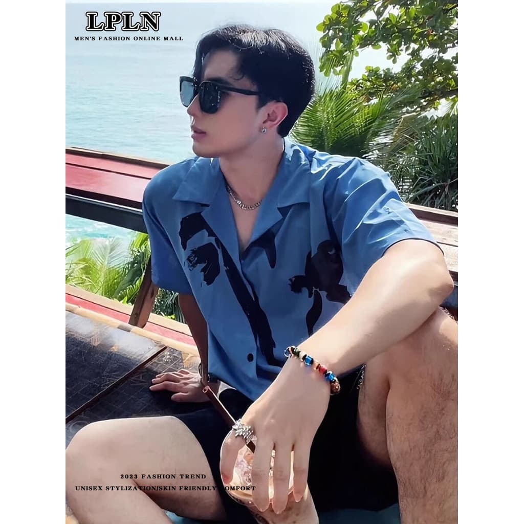 LPLN gola cubana impressa estilo férias camisa masculina verão camisa de manga curta cleanfit preguiçoso inchado bonito