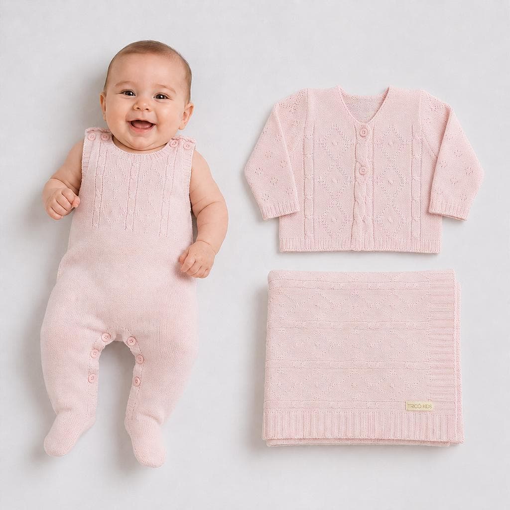 Kit Macaquinho Casaco e Manta Tricô Kids Trança Losango Rosa