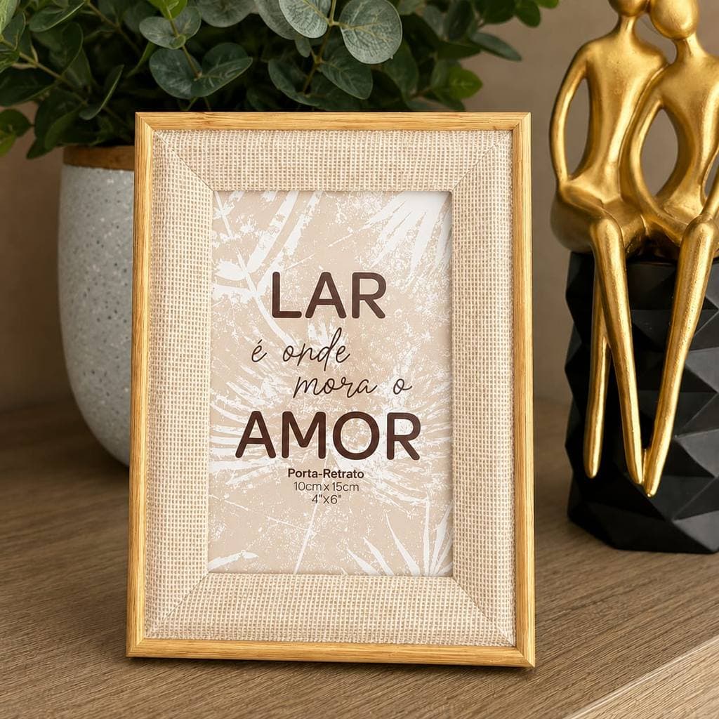 Porta Retrato Rústico Decorativo Juta E Madeira 10x15cm De Mesa Frase Lar É Onde Mora O Amor Premium