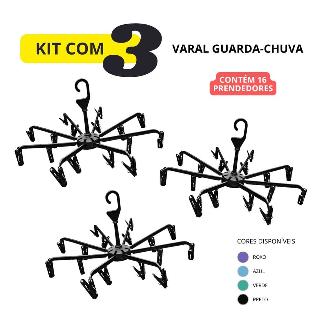 kit com 3 Varal Dobrável Guarda Chuva com 16 prendedores Roupas Íntimas Reforçado Compacto Multiuso