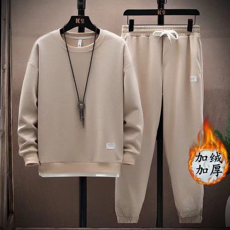 Velo Extra grosso Plus Size moletom masculino outono inverno cor sólida Casual esportes masculino terno de duas peças