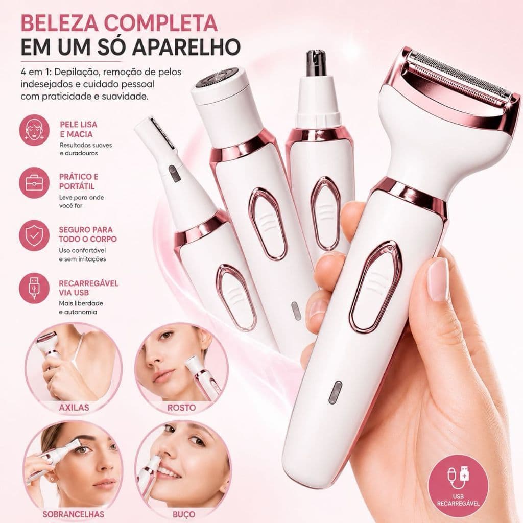 Aparador Feminino 4 Em 1 Depilador Recarregável USB Sobrancelha Nariz Axila Corpo 500mAh