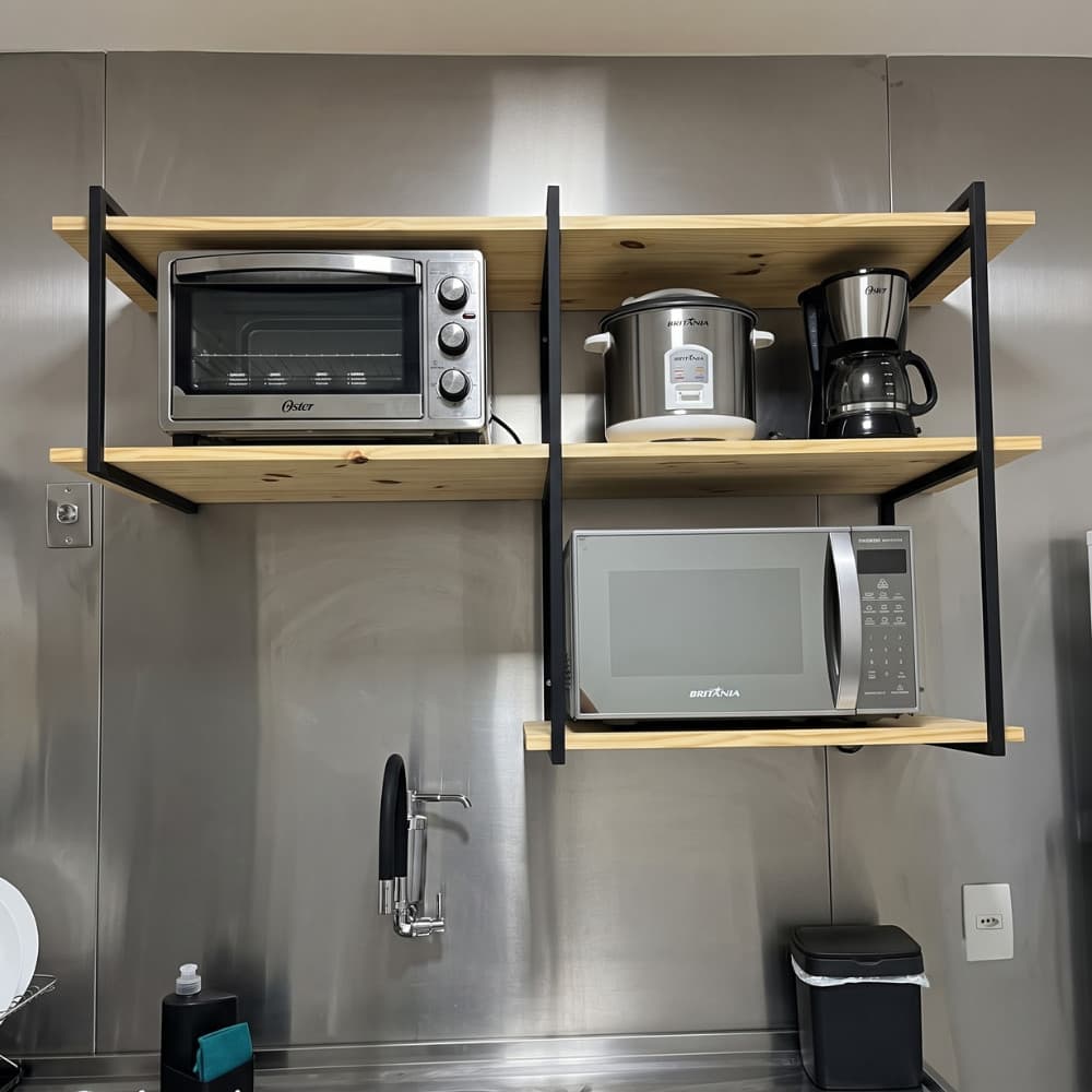 Prateleira Suspensa 100cm Suporte Microondas Forno Air Fryer Nicho Industrial  Metalon Madeira Pinus