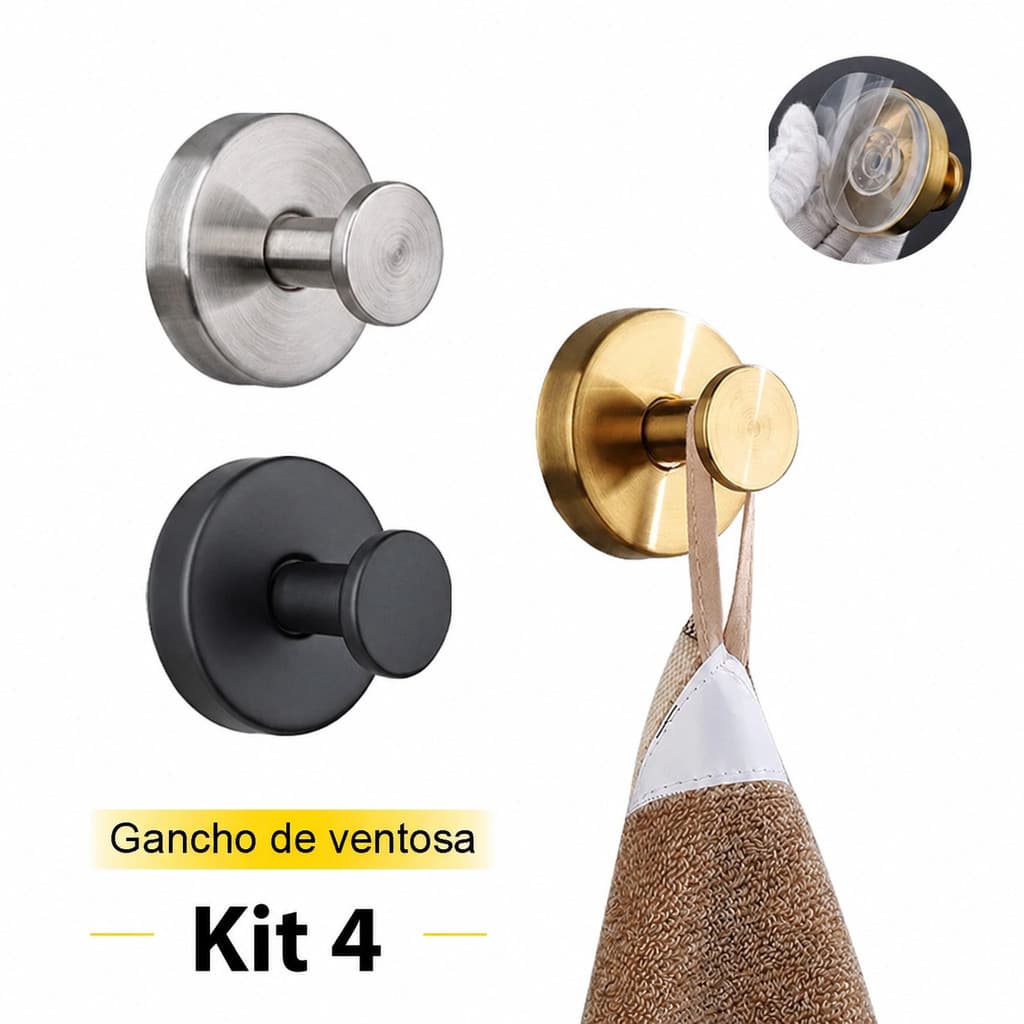 Conjunto 4 Gancho de Ventosa em Aço Inoxidável para Parede | Organizador para Banheiro, Cozinha, Toalhas, Chaves