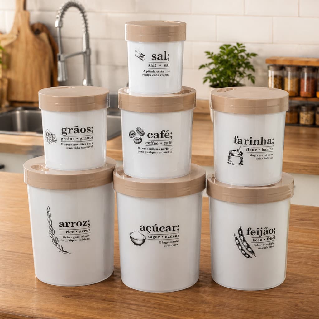 Kit 7 Potes De Mantimentos Decorados Plástico Cafe Acucar Arroz Jogo de Potes Para Cozinha Armazenamento
