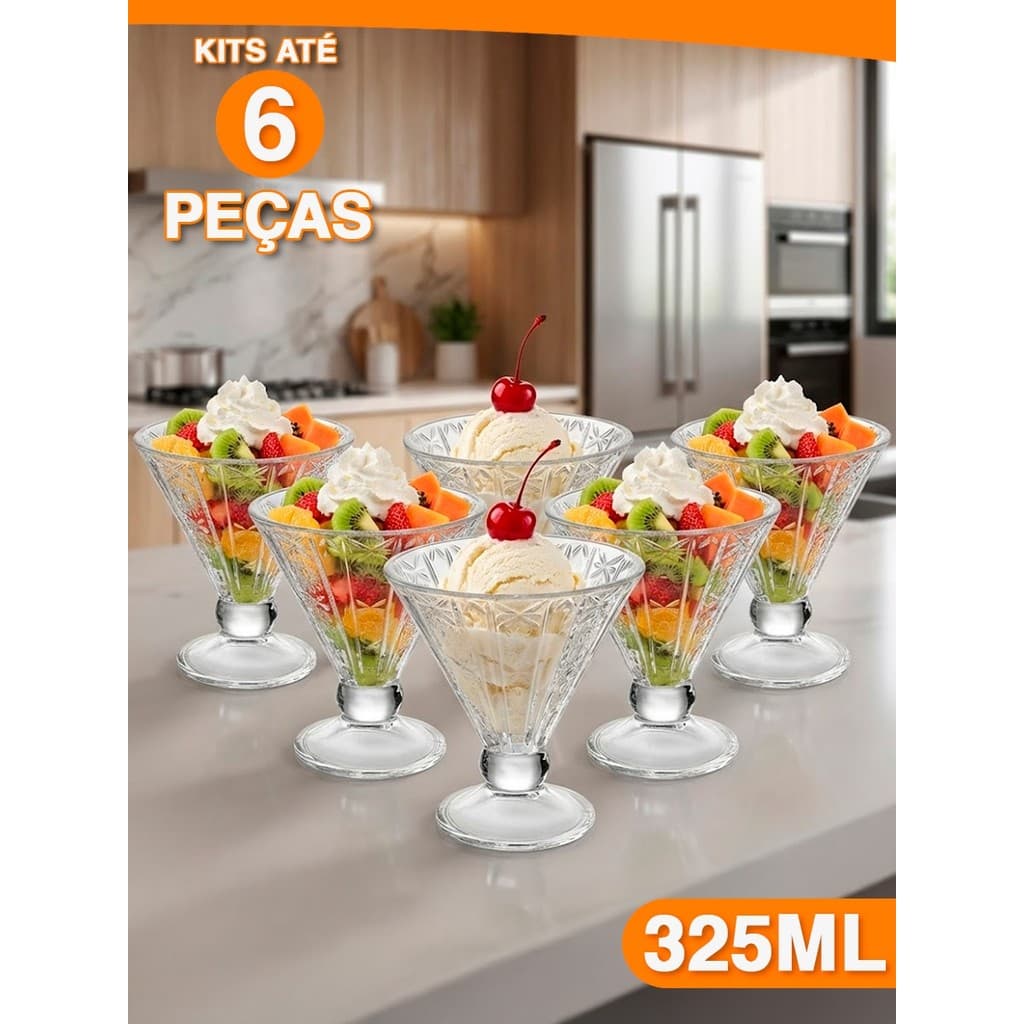Jogo 6 Taças de Sobremesa De Vidro Detalhado Canelado Sorvete Luxo 325ML Importadora Util