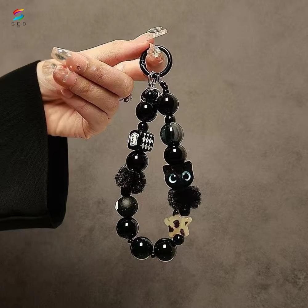 Cordão De Telefone Anti-Perda Preto-Pulseira De Contas Com Chaveiro De Gato De Desenho Animado