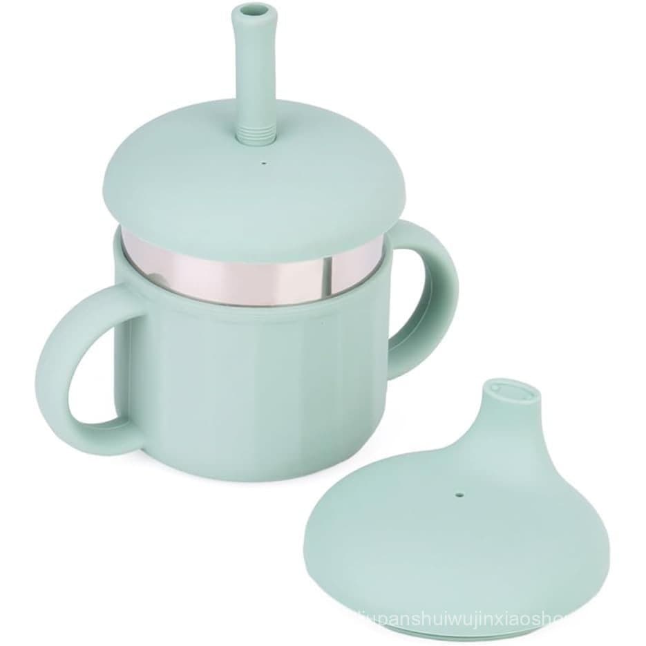 Copo de Treinamento de Silicone para Bebês, Copo de Aço Inoxidável para Crianças, Copo com Tampa de Canudo, Resistente à