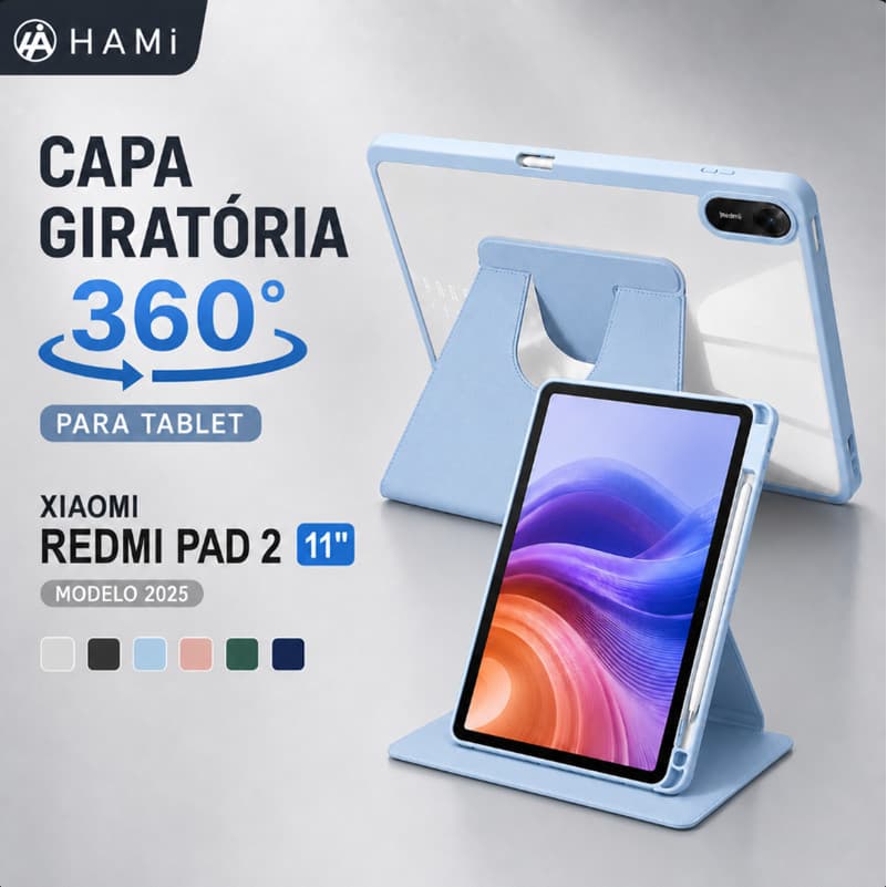 HAMI Capa Giratória 360° para Redmi Pad 2 11" （2025),Transparente com Porta Caneta Suporte Premium