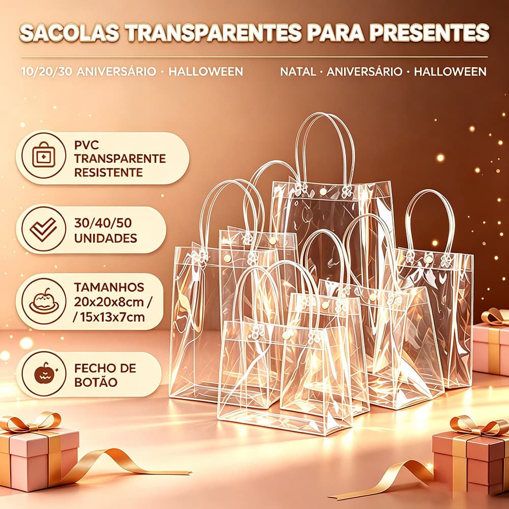 Kit 20/30/40/50 Unidades De Sacolas Transparentes De PVC Para Presente Sacolas Para Lembranças De Festas De Fim De Ano