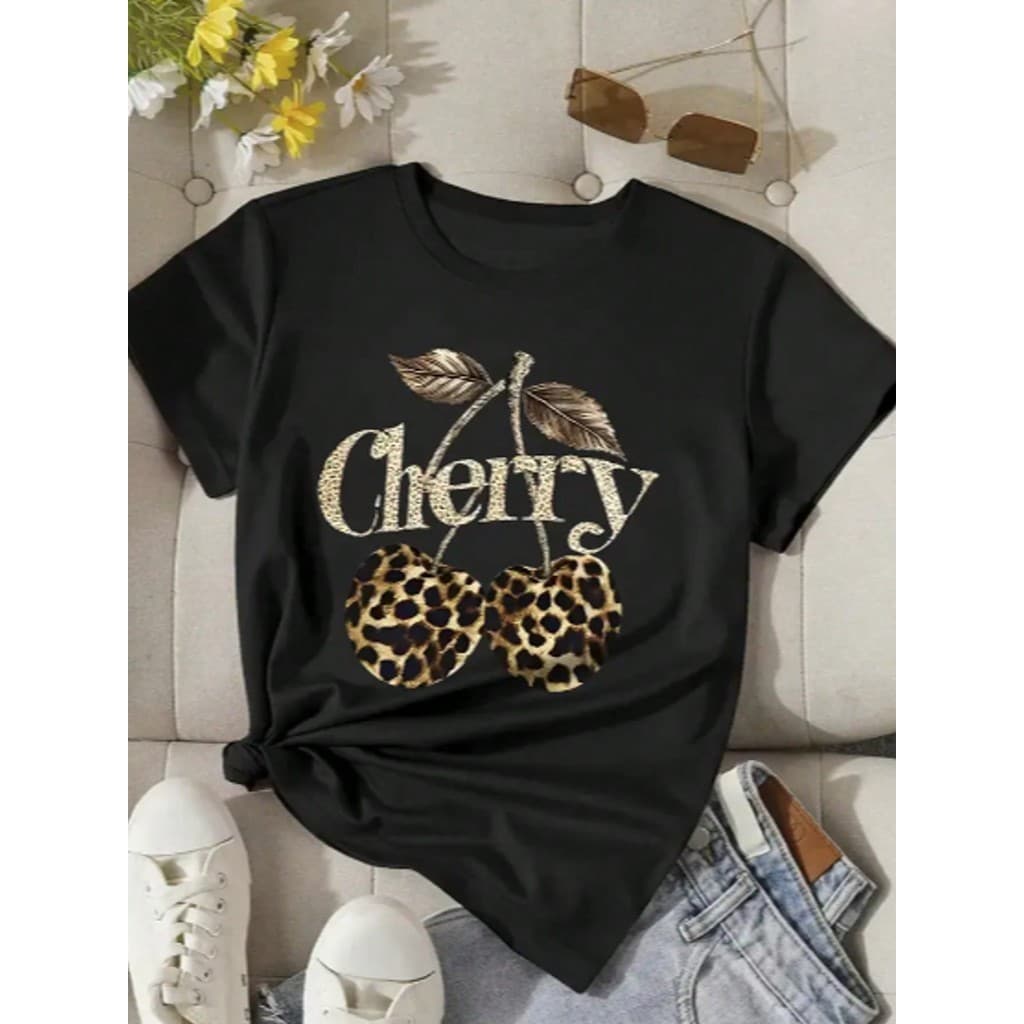 Camiseta T-Shirt Blusa Feminina Estampa de cereja animal print 100% Algodão