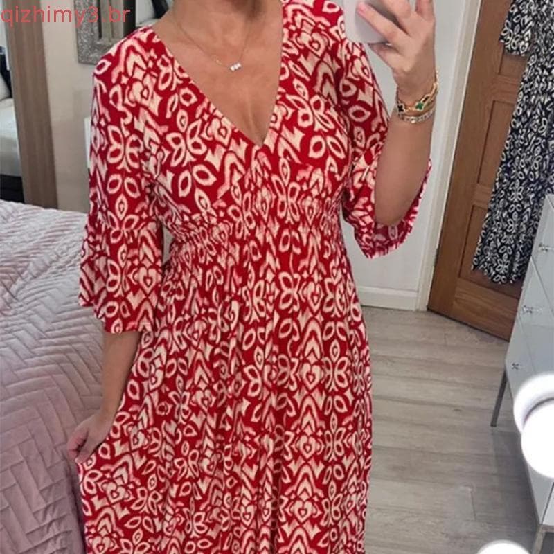 2023 novo plus size super fada V decote floral vestido à beira-mar férias vestido de praia vestido longo solto em estoq