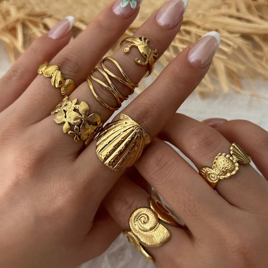 Vintage Aço Inoxidável 7 Pçs Estilo Oceano Geometria Concha Flor Caranguejo Anel Aberto Feminino Sorte Jóias Presente Do