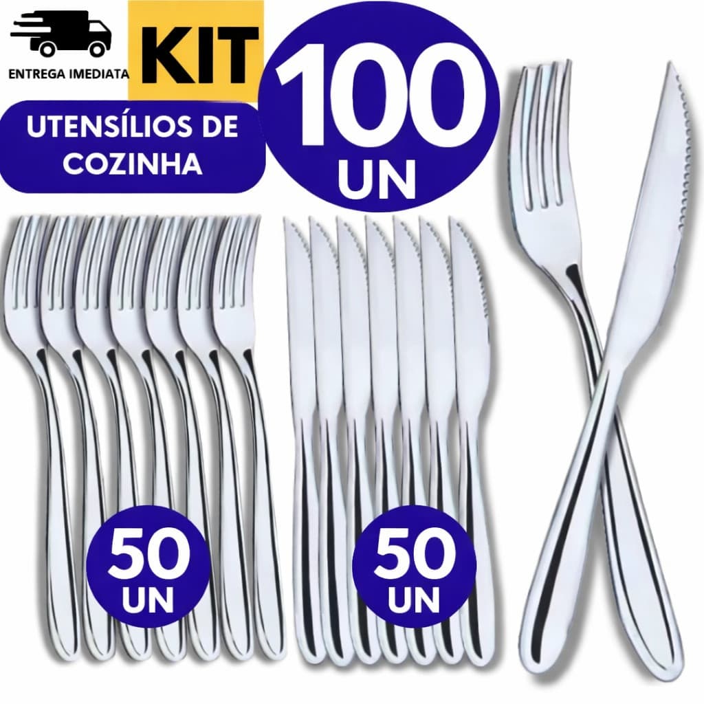 Kit Econômico de Talheres Inox 100 - Kit Talheres Inox Garfo e Faca Aço Inoxidável Resistente para Cozinha Festas Evento