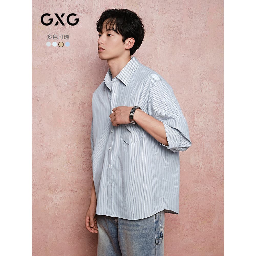 GXG Camisa masculina ligeiramente perfil listras pesadas Casual solta lapela manga três quartos masculina 26 verão venda