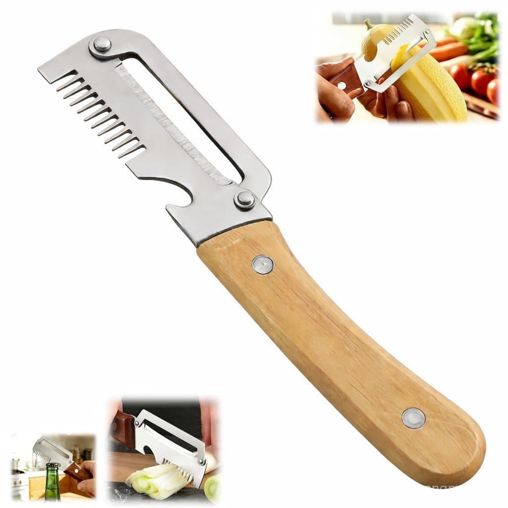 Multifunctional Vegetable Peeler, with wooden handle, bottle opener and grater, 3-in-1 kitchen utensil
