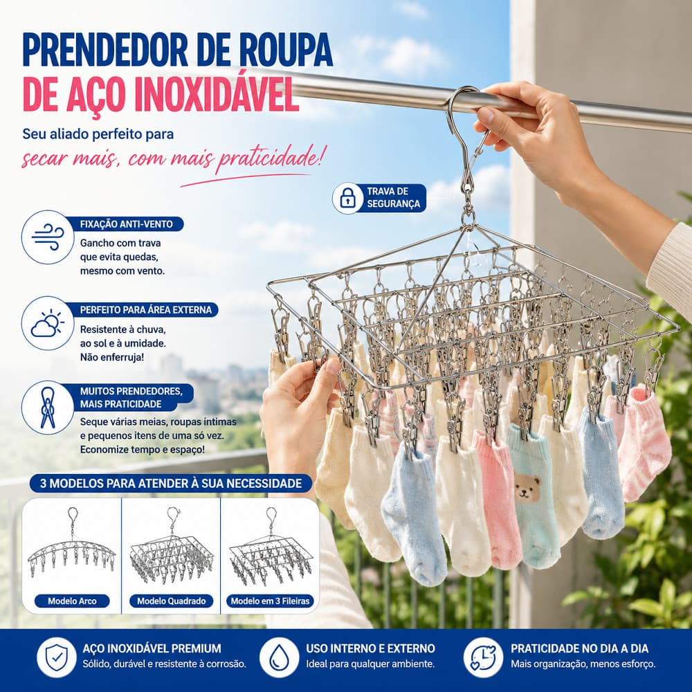 Varal Suspenso de Aço Inoxidável com Prendedores Reforçados para Meias Calcinhas Cuecas Sutiãs e Roupas Íntimas
