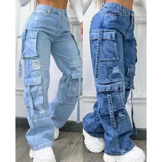 Calças Jeans Casuais Femininas Versáteis de Cor Sólida com Múltiplos Bolsos, Tamanho Grande, Cintura Alta para Mulheres