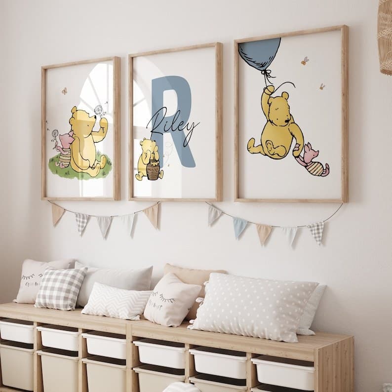 Kit 3 Quadros Decorativo Ursinho Pooh com Nome Personalizado