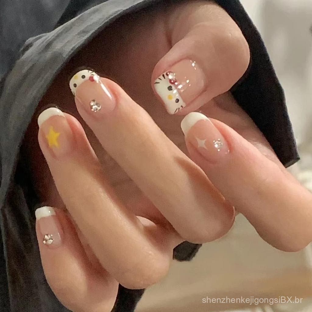 24 Unidades de Unhas Postiças Francesas Curtas Quadradas com Estrelas e Strass, Unhas Acrílicas Curtas Francesas Brancas