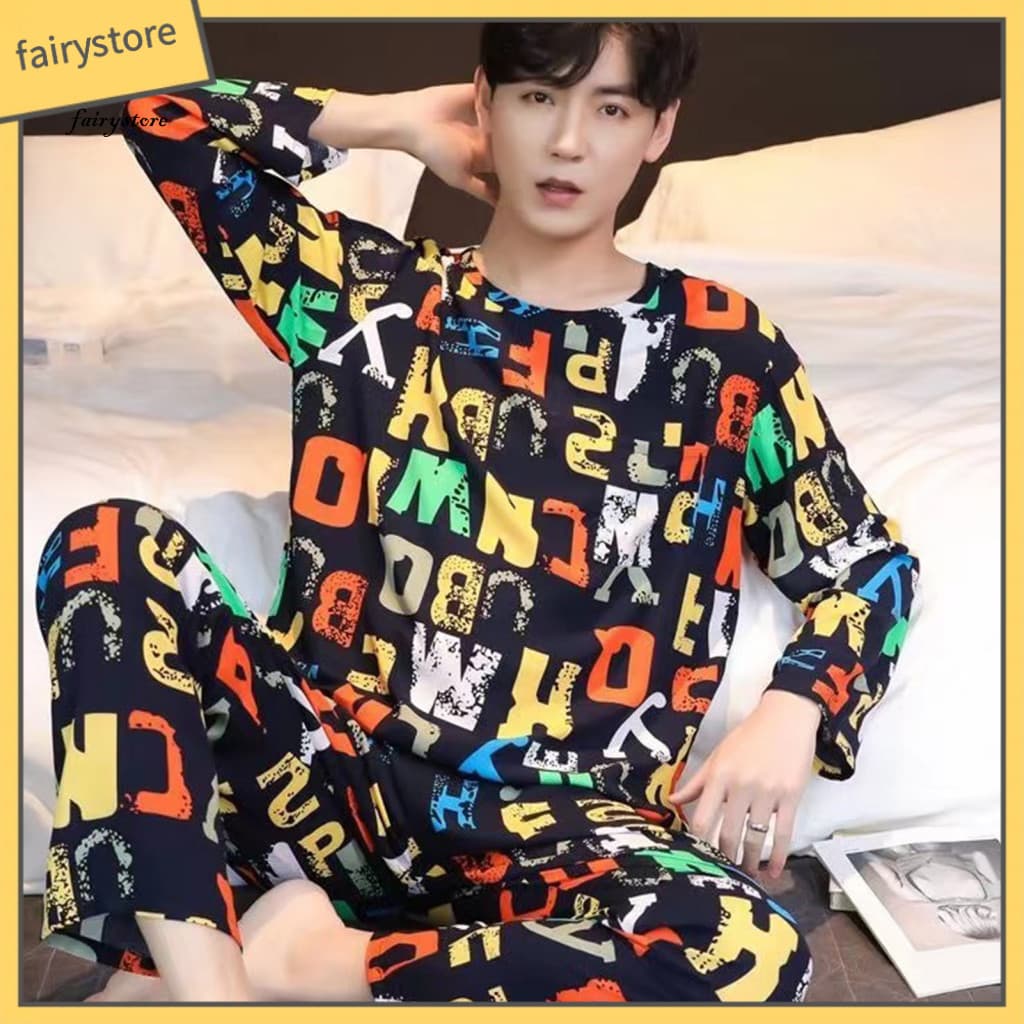 Soft Pajamas Men Pajama Set 2pcs Long Sleeve Striped Top Elastic Waist Pants Comfortable Home Lounge Sleepwear Nightwear