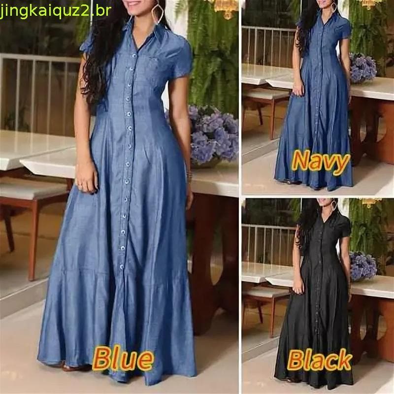 Europa e América internacional novo vestido longo csa gola bolso vestido grande vestido jean casual plus size vestido