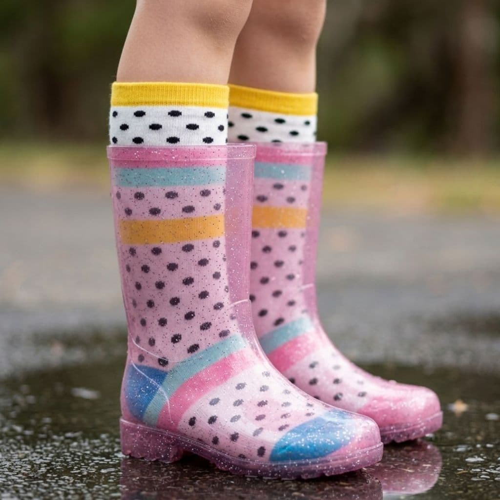 Kit Galocha Infantil Menina Rosa Cano Alto Macia Antiderrapante + Meia Galochita Chuva