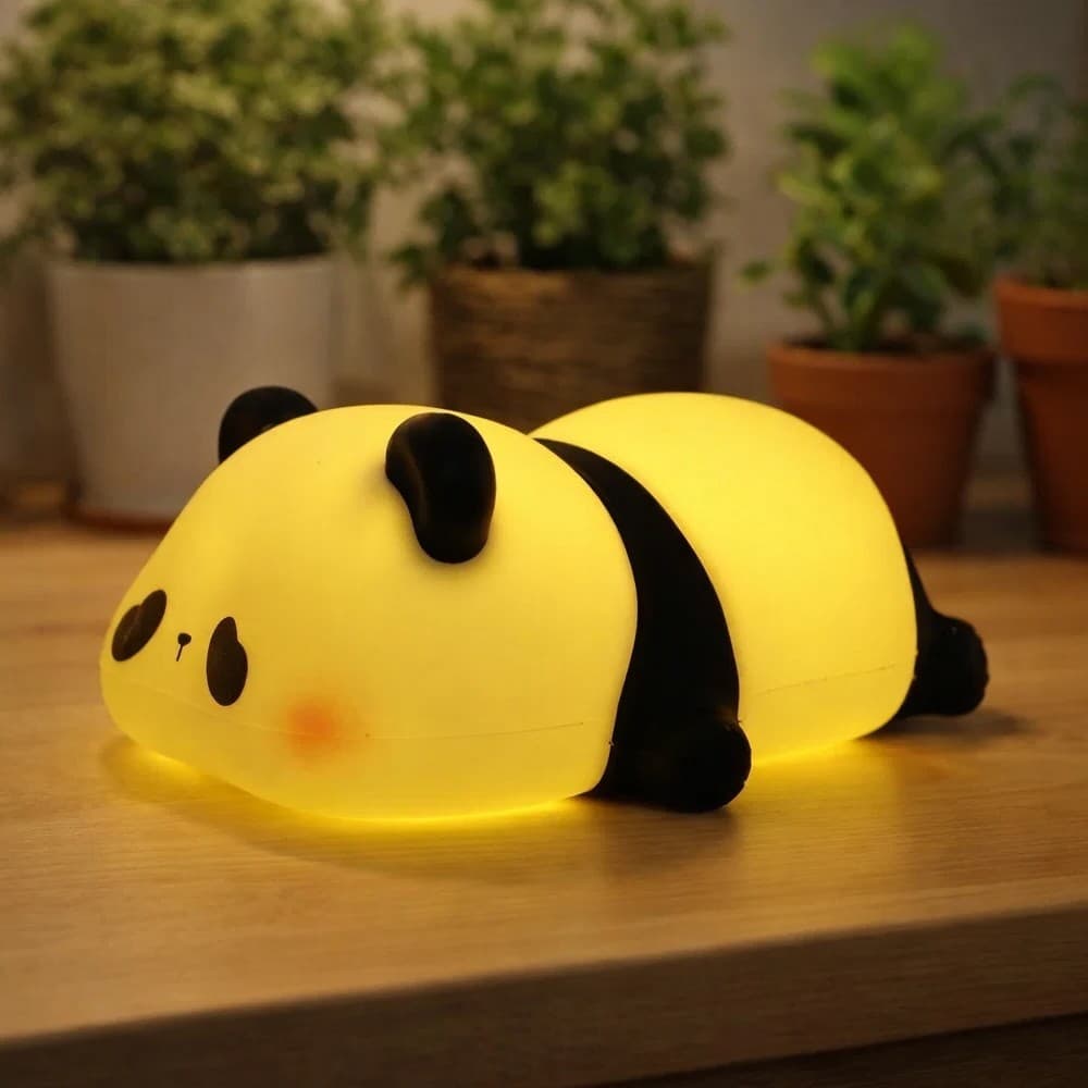 Luminária LED Panda Silicone Abajur Clarear Quarto Criança Dormir Luz Lâmpada Ursinho Preto Branco