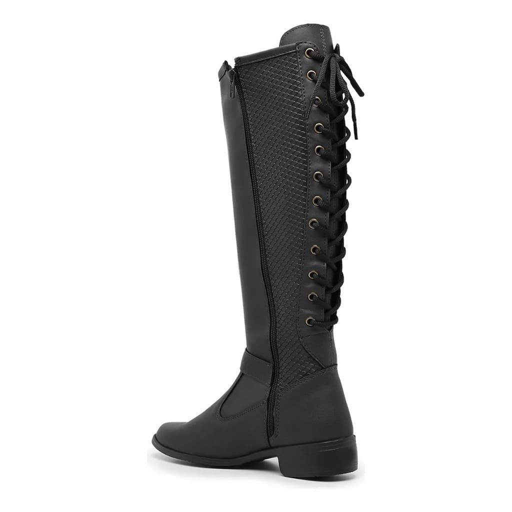 Bota Cano Longo Montaria Feminina Sintético Cadarço Moderno Casual