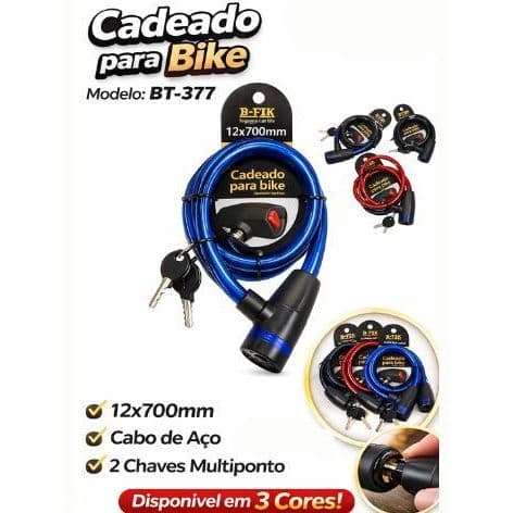 Cadeado de Segurança para Bicicleta com Chave Cabo de Aço resistente Trançado 70 cm Disponível em Cores Variadas BT-377